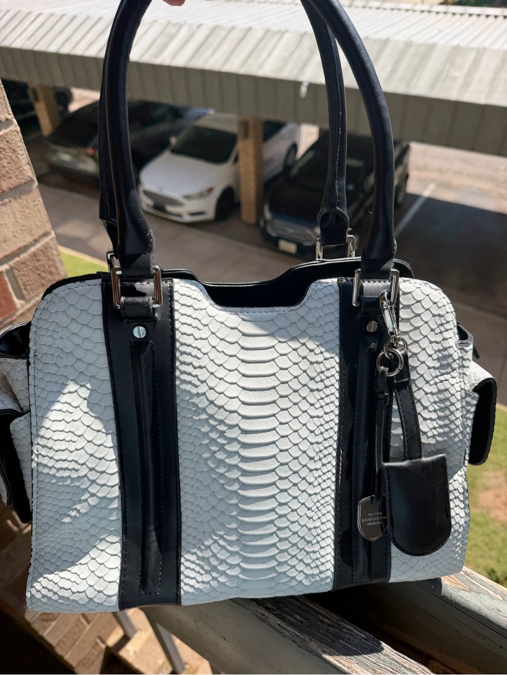 White Textured Satchel Handbag with Black Trim